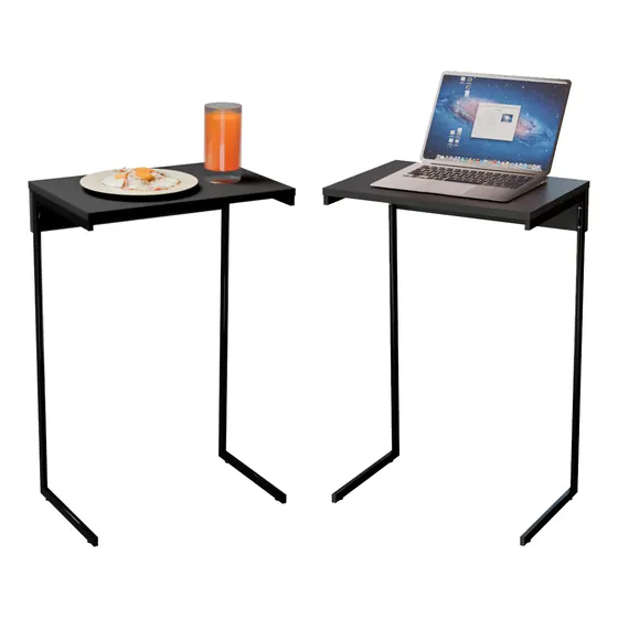 Duarte Mota kit 2 mesinha lateral de canto apoio no braço do sofá para notebook prato copo lanches petiscos cor preta