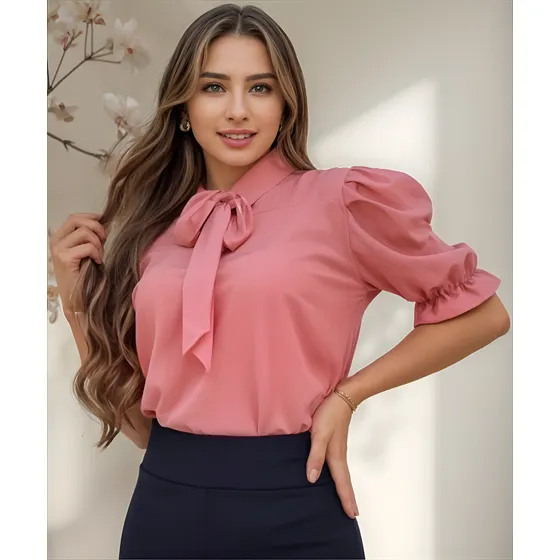 Blusa Camisa Social Crepe Gola De Laço