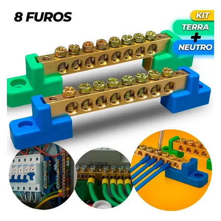 Kit Barramento Distribuição Elétrica Neutro + Terra 8 Furos - Fix. Parafuso Cobre