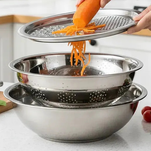 Conjunto de tigela bowl em aço inox 3 em 1, composto por uma tigela base, um escorredor e uma tampa com ralador, sendo utilizada para ralar uma cenoura.
