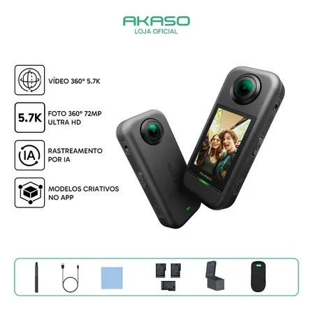 Akaso 360 Câmera De Ação 5.7k@30fps 72mp, Câmera Esportiva Gravação 4k@60fps, Tela Touch 2.29 , Wi-fi 5g+bluetooth, Usb-c, Resistente A Impactos, Bateria Longa Duração - Combo Creator