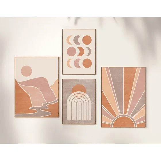 Kit 4 Quadros Decorativo Boho Riacho Das Montanhas Sol Color
