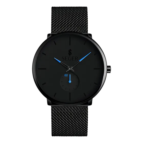 Reloj Minimalista Hombre Seger 9185 Analogico Acero Elegante Malla Negro Fondo Azul