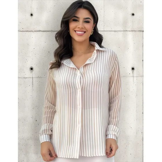 Camisa Social Feminina Listrada Confortável Gola Colarinho