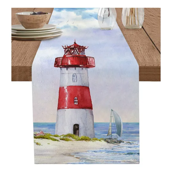 Camino Mesa 13 X 70  Largo Faro Rojo Blanco Retro Para Boda
