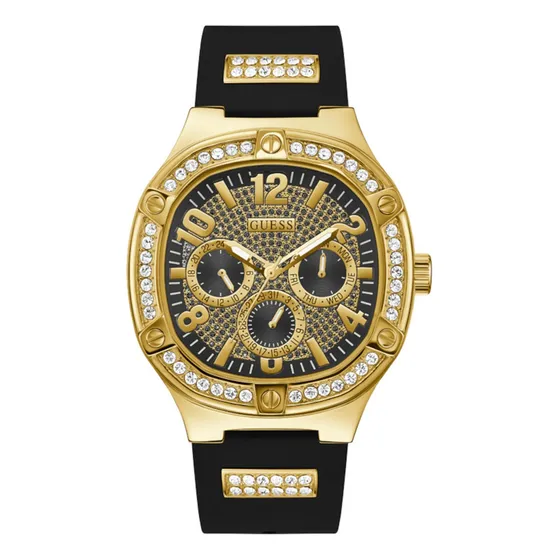 Reloj Guess Duke Gw0641g2 Hombre Dorado Silicona Analógico Correa Negro