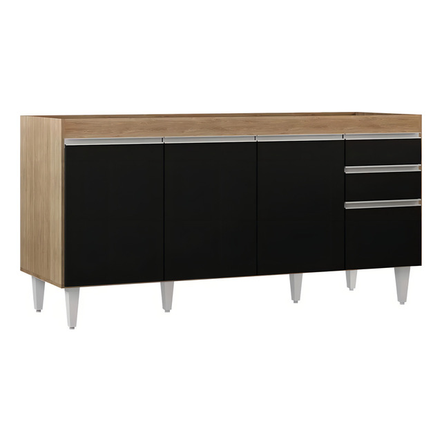 Balcão Gabinete 160cm Sem Tampo 4 Portas 2 Gavetas Arkansas Cor Castanho/preto Balcão Gabinete 160cm Sem Tampo 4 Portas 2 Gavetas Arkansas Cor Castanho/preto