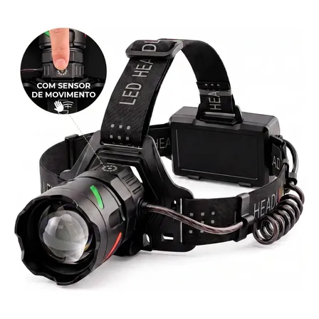 Lanterna de Cabeca Potente Recarregável IP65 Resistente Água Poeira Zoom Telescópico 7 Modos Iluminação Sensor Inteligente