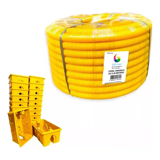 Kit Conduíte Corrugado 3/4 50m Amarelo + 20 Caixinhas 4x2