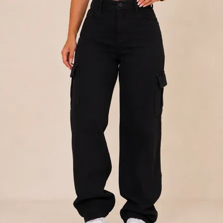 Calça Cargo Jeans Feminina Wide Leg Cintura Alta Stillger