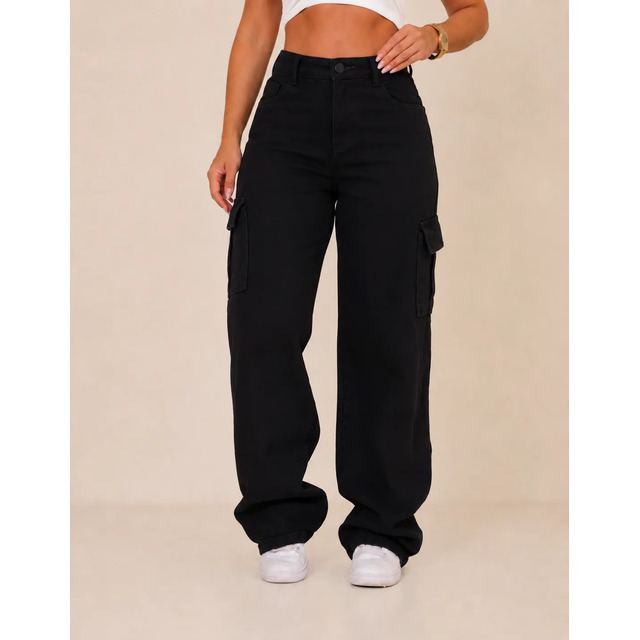 Calça Cargo Jeans Feminina Wide Leg Cintura Alta Stillger Calça Cargo Jeans Feminina Wide Leg Cintura Alta Stillger