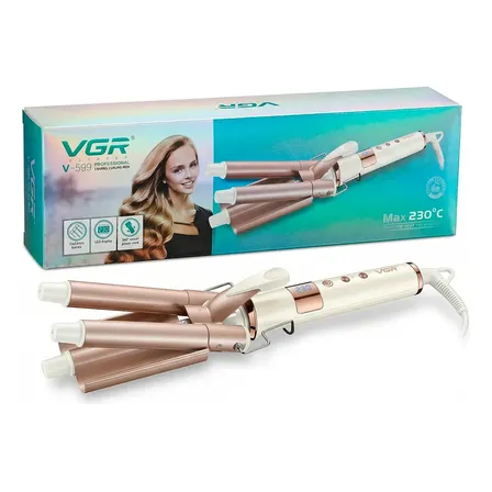 Buclera Rizador 3 Barriles Ceramica Vgr V-599 Triple Ondas 230° Color Blanco y Rosa