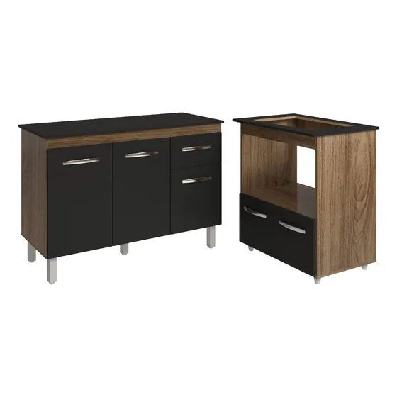 Armário Cozinha Com Balcão Aline E Cooktop 4 Bocas Preto Cor Savana/preto Tampo Preto
