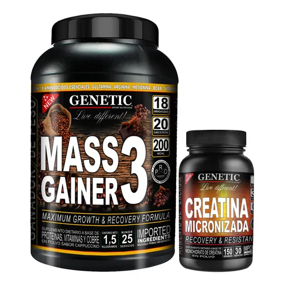 Aumento Masa Muscular Mass Gainer 3 1,5kg + Creatina Genetic Sabor Cappuccino