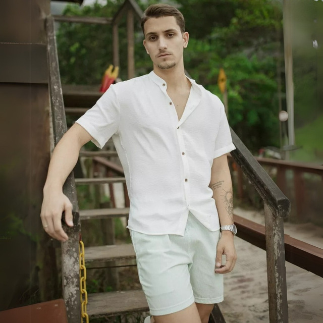 Camisa Masculina Manga Curta Gola Padre Macia Festa Trabalho Camisa Masculina Manga Curta Gola Padre Macia Festa Trabalho