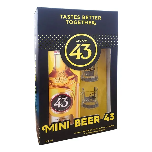 Kit Licor 43 Garrafa 700ml Com Duas Mini Canecas Em Vidro