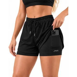 Short Duplo Feminino 2 Em 1 Academia Com Bolso Cintura Alta Preto GP