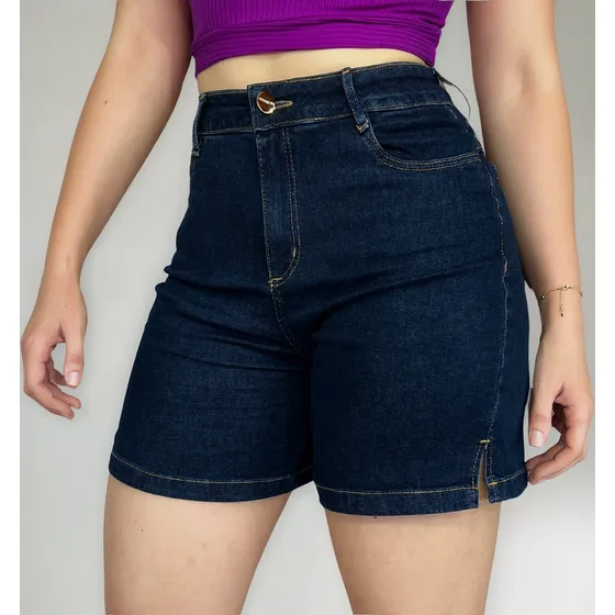 Short Bermuda Jeans Mom Fenda Lateral Longo Soltinho Lycra