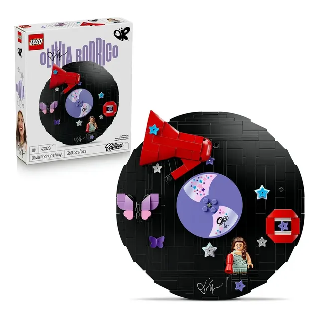 LEGO Editions Vinil da Olivia Rodrigo 43028; Conjunto de construção vinil decorativo para quarto infantil com minifigura da Olivia Rodrigo com suporte para pendurar; Presente Dia das crianças; 10+