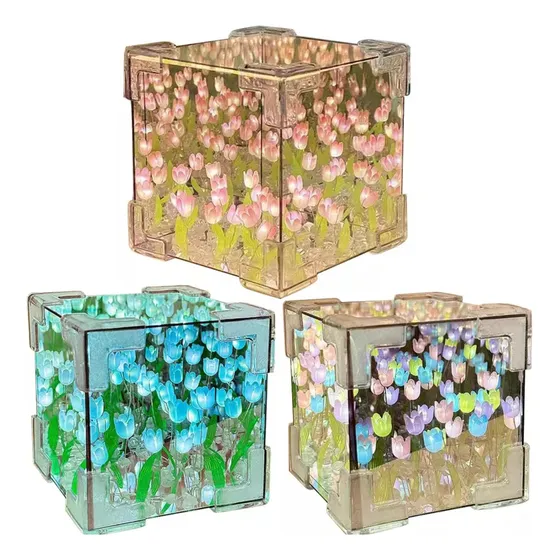 3pcs Cubo Tulipanes Infinito Lampara Noche Espejo Romantico