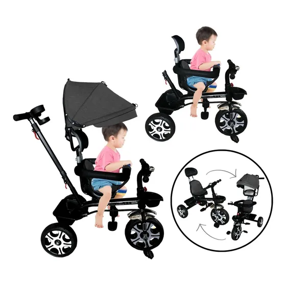 Triciclo Motoca Infantil 2x1 Capota Empurrador Pedal Preto