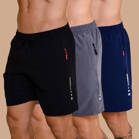 Kit 3 Shorts Masculino Praia C Lycra Tactel Academia Bermuda Preto-azulmarinho-chumbo Lisa M