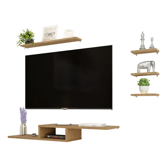 Rack Suspenso Para Tv Kit Nicho + 4 Prateleiras Sala Quarto