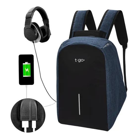Mochila Antirrobo Urbana Smart Carga Con Puerto Usb Acolchada Notebook Tablet Celular Laptop 15.6 Hombre Mujer Color Azul Marino Ab05 Diseño De La Tela Liso