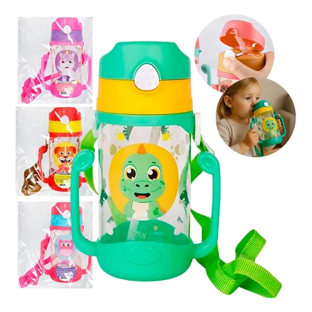 Garrafa Infantil Casa Golde 400ml Dinossauro Alça Dupla Com Canudo Silicone Verde Dinossauro
