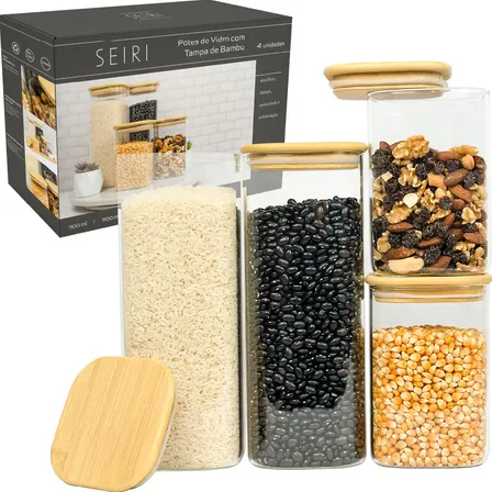 Kit 4 Pote Vidro Hermético Tampa Bambu Quadrado Cozinha Flat Transparente