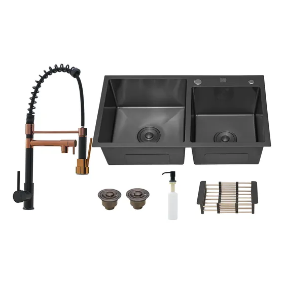Kit Cuba Dupla Quadrada Preta C/ Torneira Rose Gold Preta