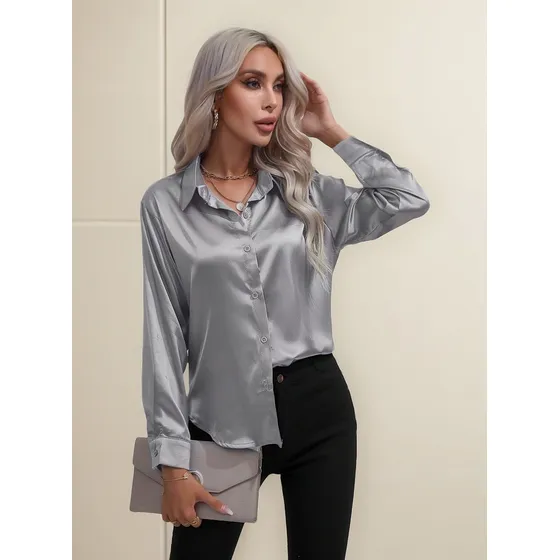 Camisas De Raso Con Botones Para Mujer Manga Larga Slim Fit