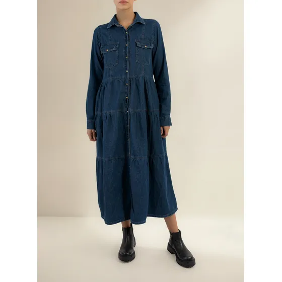 Vestido Camisero De Jean Largo Manga Larga Denim Talles