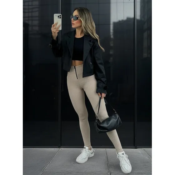 Calça Legging Feminina Montaria Canelada 3d Ziper Modeladora