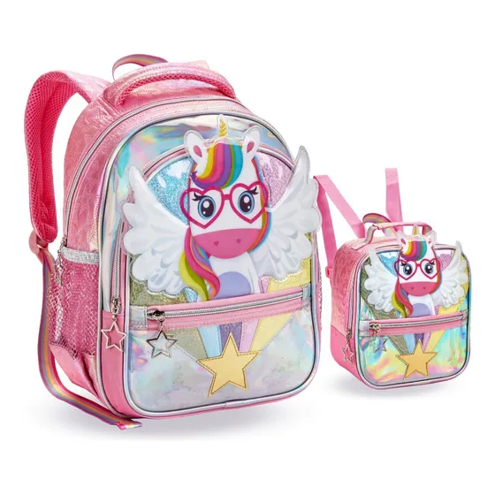 Mochila Costa Lancheira Escolar Infantil Cor Rosa Desenho Do Tecido Lisa
