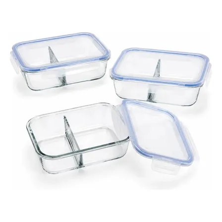 Conjunto 3 Potes Hermético Vidro C/ Divisória Marmita 1040ml Transparente