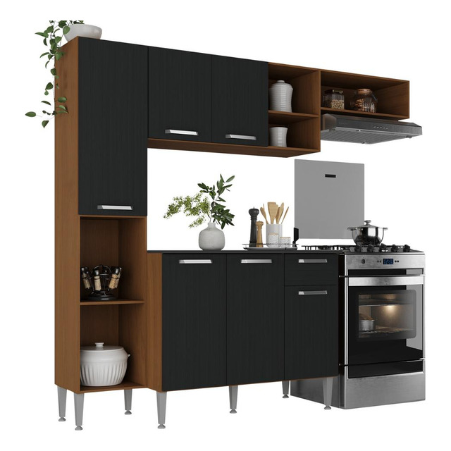 Armário De Cozinha Compacta Smart Multimóveis Mp2220 Cor Madeirado/preto Armário De Cozinha Compacta Smart Multimóveis Mp2220 Cor Madeirado/preto