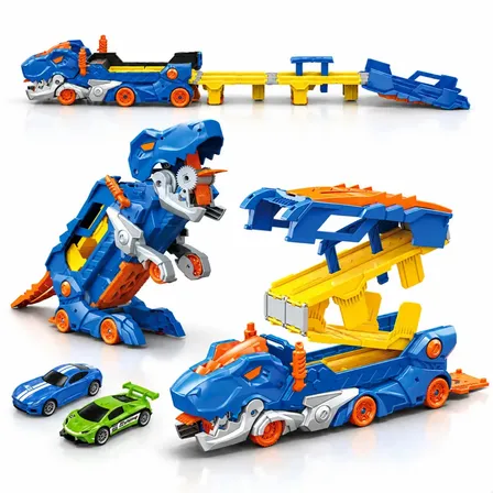 Caminhão Dinossauro Engole Carrinhos Pista Maleta Transporte - AZUL