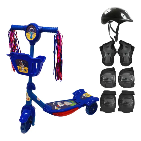 Patinete Infantil 3 Rodas Com Luz E Som Cesta E Kit Proteção