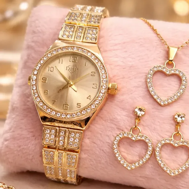 Kit Relogio Feminino Dourado Conjunto Colar Brinco Com Caixa Dourado