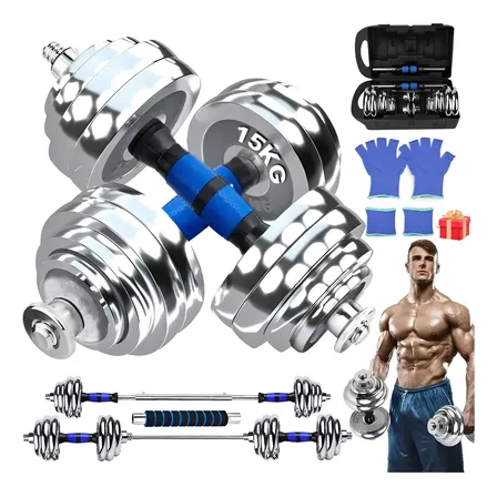 Kit Halteres Barra Anilhas Completo Na Maleta Dumbbell 15kg Prateado