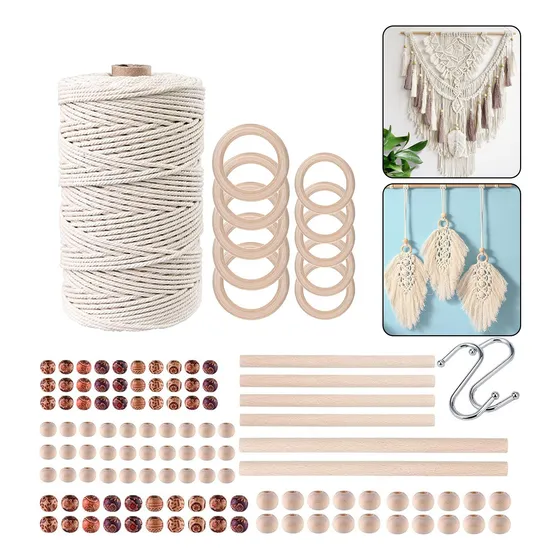 Kit 119 Macramé Algodón 3mm Con Accesorios De Madera 200 M