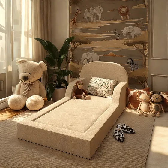Cama Solteiro Montessoriana Infantil Com Laterais De Proteção Espumada Menino E Menina Com Colchão Bege/nude, Baixa Altura, Segurança E Conforto Para Quarto Infantil