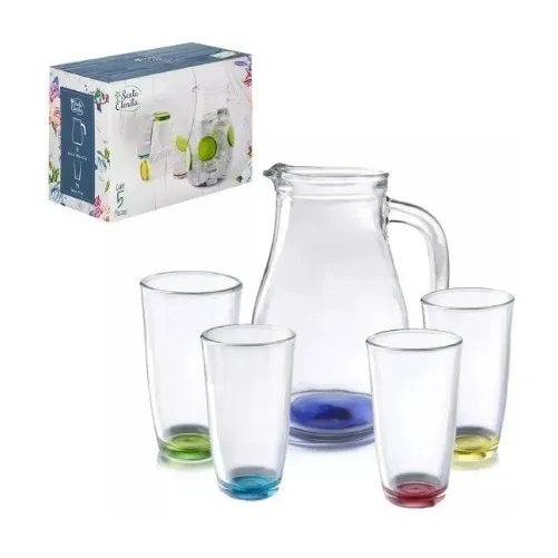 Jarra Vasos De Vidrio Colores Pack 5 Piezas