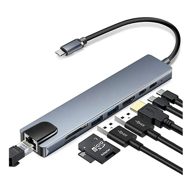 Adaptador 8 En 1 Tipo C Lan Tf Sd Hdmi Usb Pd Hub