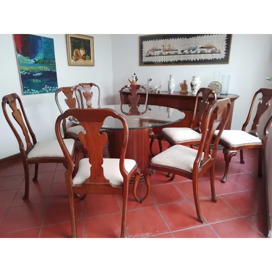 Juego De Comedor  Madera Y Vidrio 8 Sillas Tapizadas  Usado