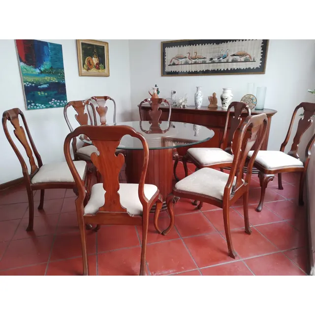 Juego De Comedor  Madera Y Vidrio 8 Sillas Tapizadas  Usado