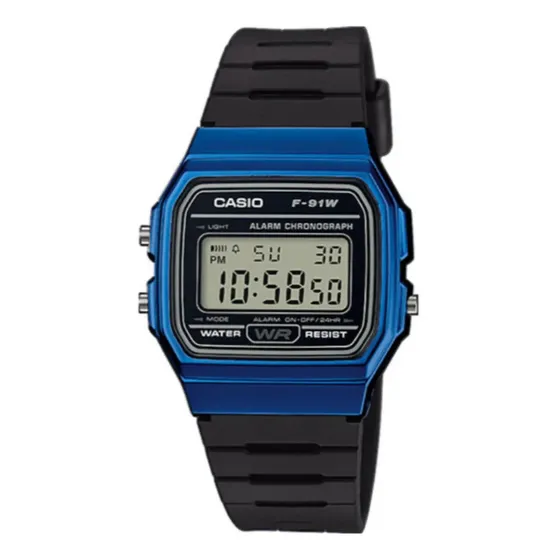 Reloj de pulsera Casio Collection F-91WM-2A de cuerpo color azul, digital, para hombre, fondo gris, con correa de resina color negro, dial negro, bisel color negro y hebilla simp