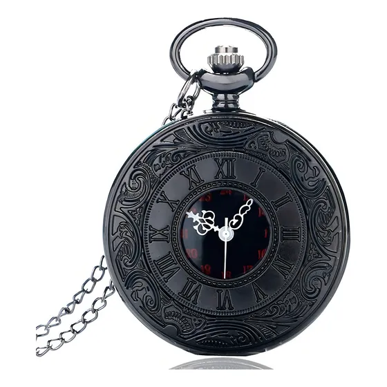 Reloj De Bolsillo Retro Steampunk Negro Vintage Con Cadena