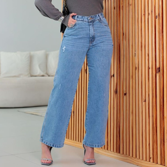 Calça Jeans Wide Leg Cargo Cintura Alta Feminina Blogueira Calça Jeans Wide Leg Cargo Cintura Alta Feminina Blogueira